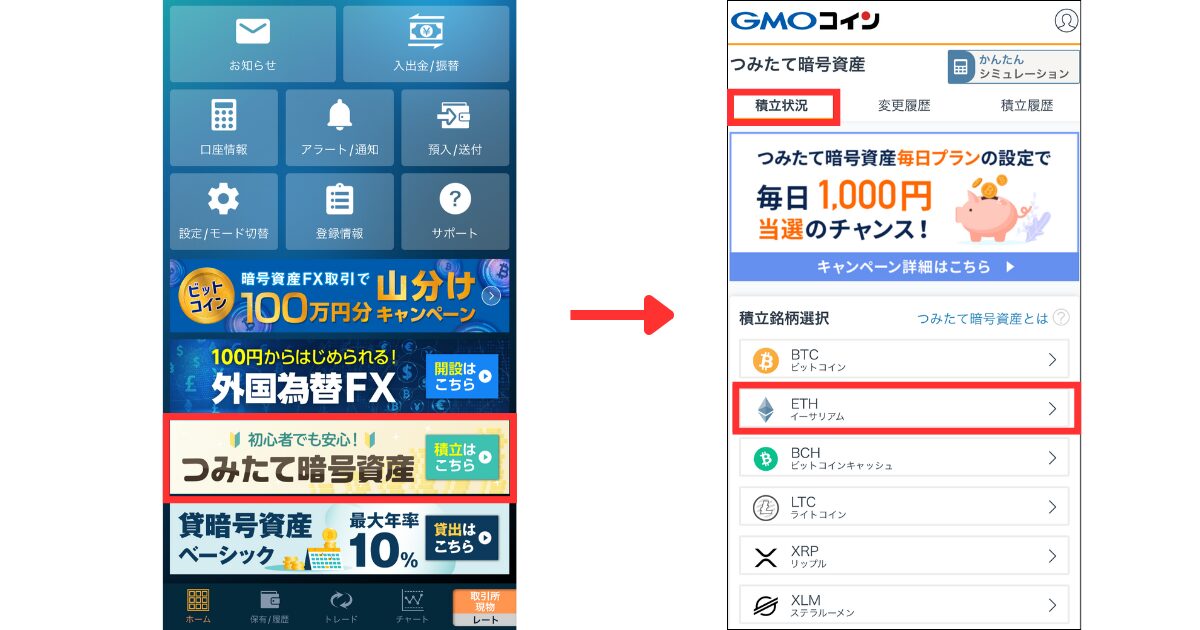 GMOコインの会員ページより「つみたて暗号資産」を選択する。
「積立状況」を開き、積立する銘柄を選択する。