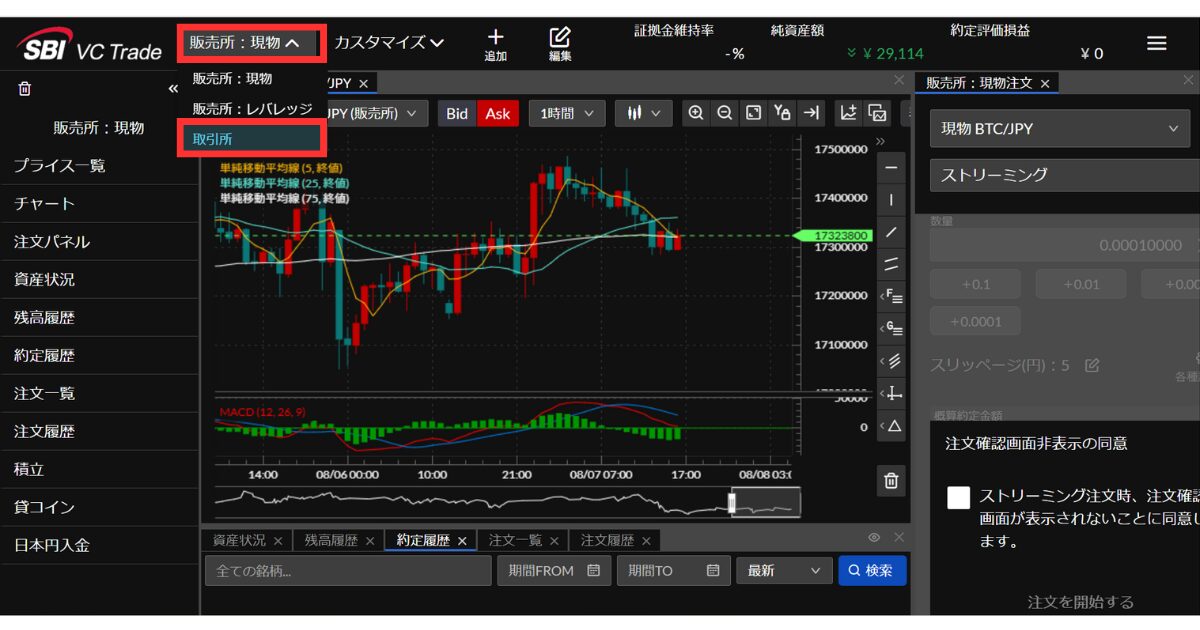 画面上の「販売所：現物」を選択し、リストから「取引所」を押す。