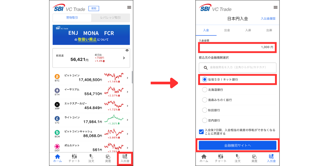 ホーム画面下「入出金」をタップする。
入金金額を入力、金融機関を選択し「金融機関サイトへ」をタップする。