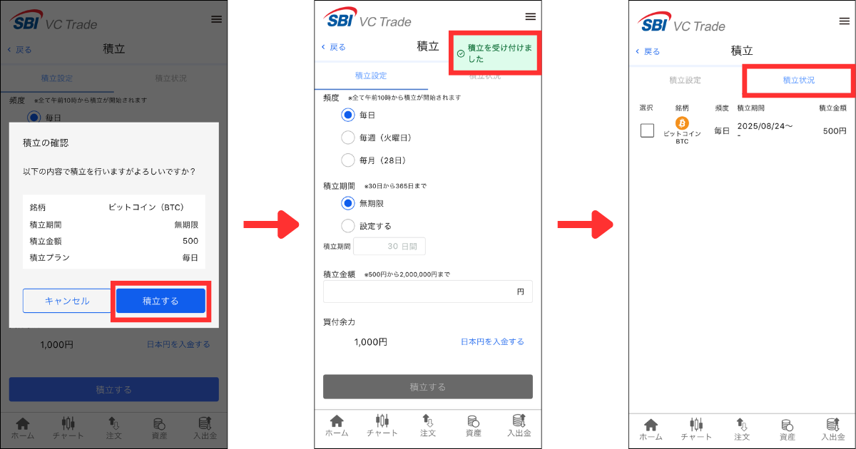「積立する」をタップする。 設定した内容は「積立状況」から確認できます。