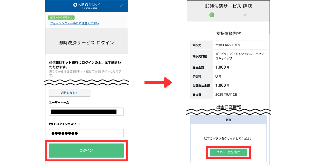 ログインし、「スマート認証NEO」をタップする。※住信SBIネット銀行の場合