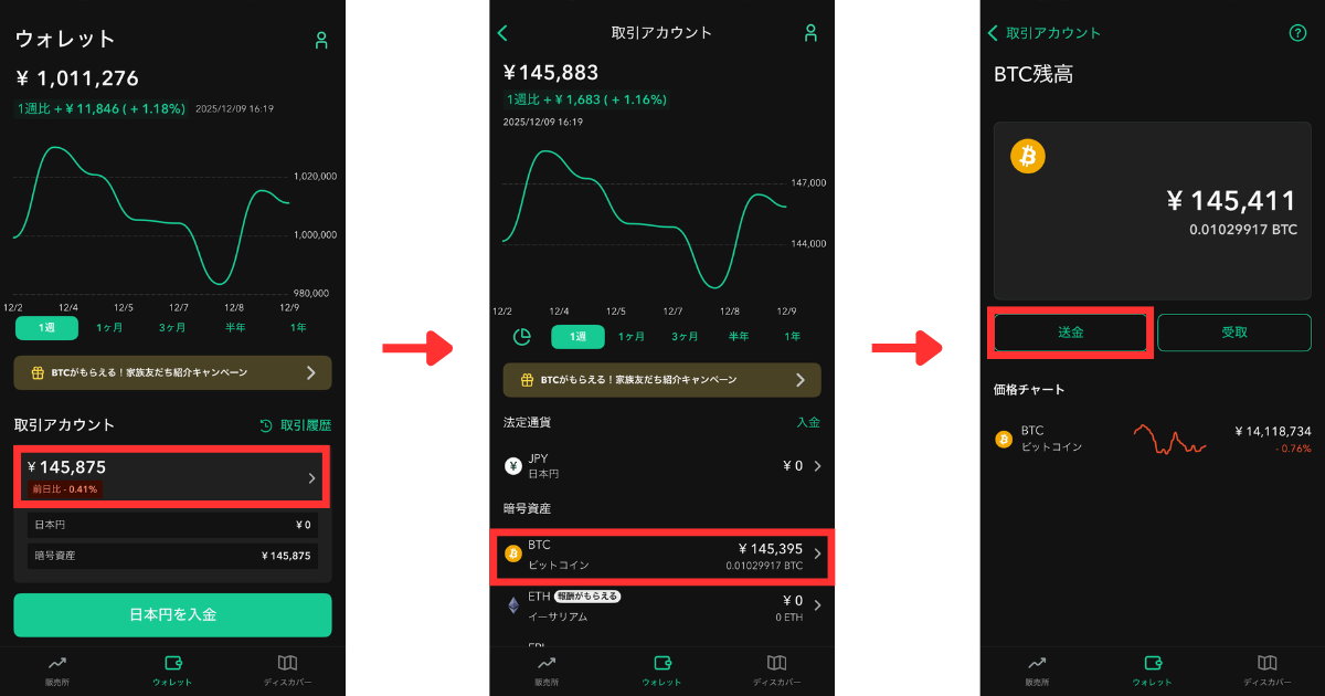 コインチェックのホームにある「ウォレット」>「取引アカウント」の順にタップします。
「BTC」>「送金」を選択します。