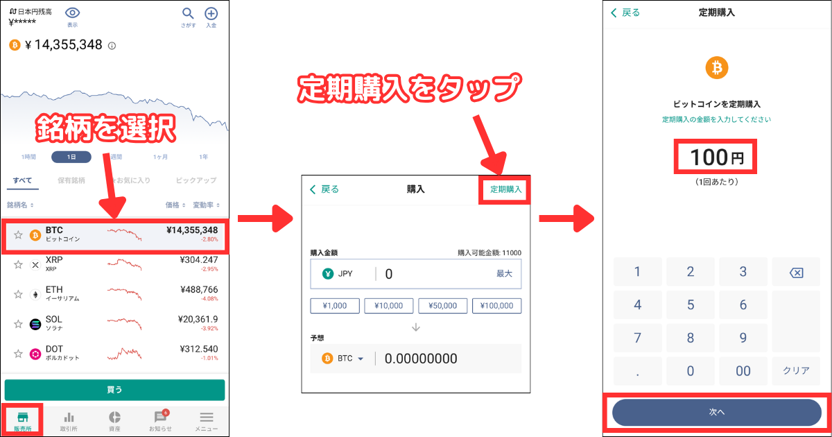 アプリ画面左下の「販売所」をタップし、銘柄を選択します。
画面右上の「定期購入」をタップ。
積立する金額を入力します。